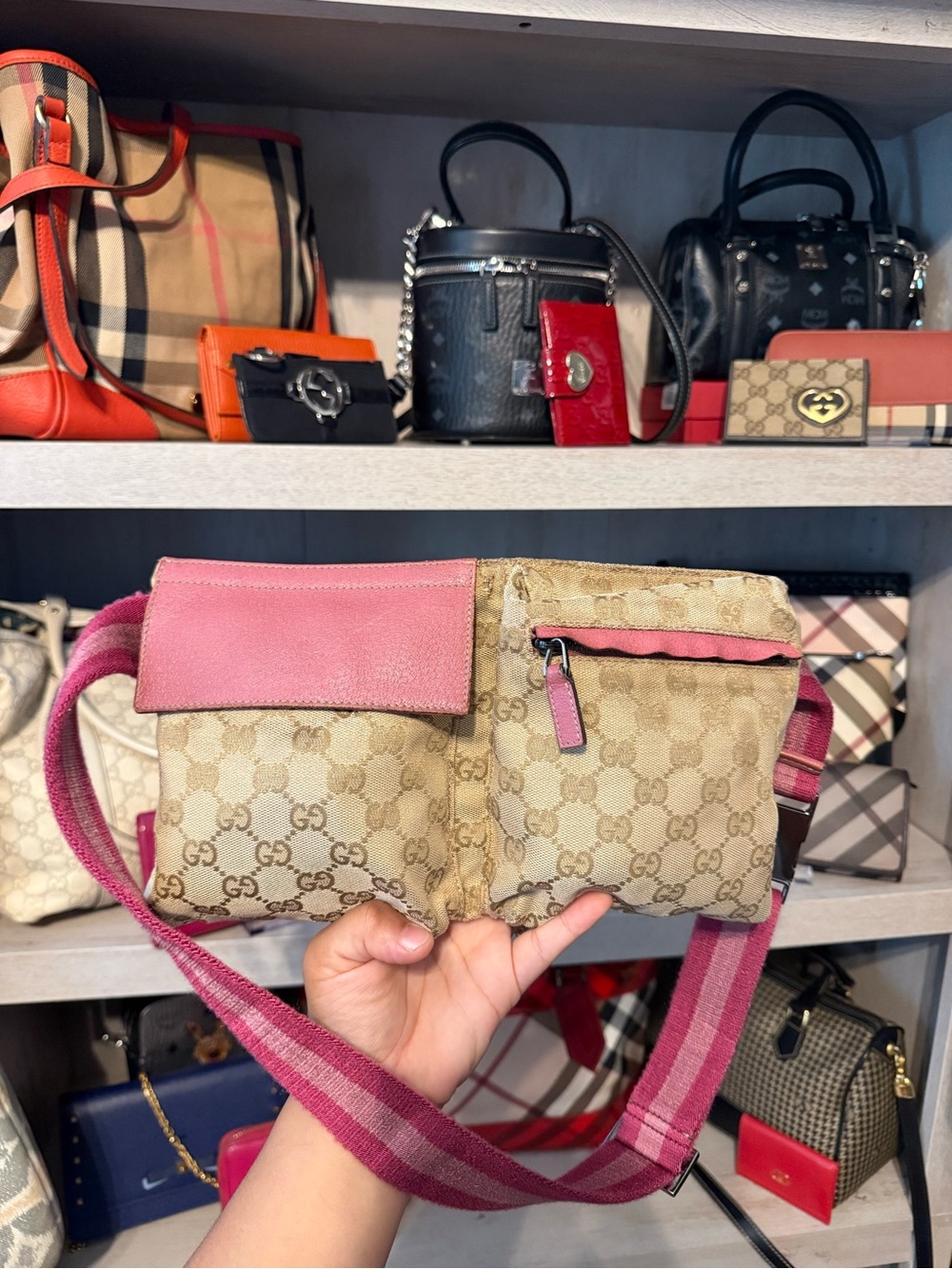 Gucci Beige GG Canvas Crossbody Bag with Pink Trim